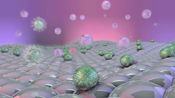 3d illustration of viruses and bacteria above shiny surface