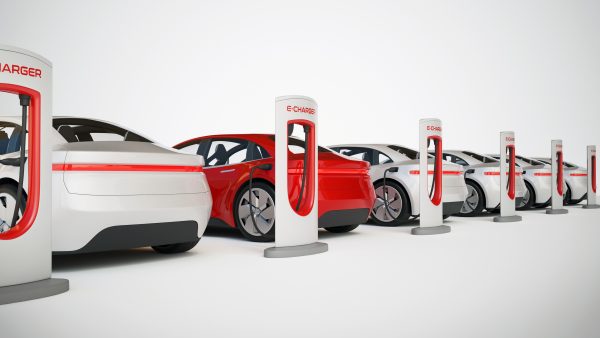 Electric cars charging station, electric vehicle concept 3d rendering