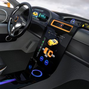 Electric vehicle center display Interface concept. 3D rendering image.