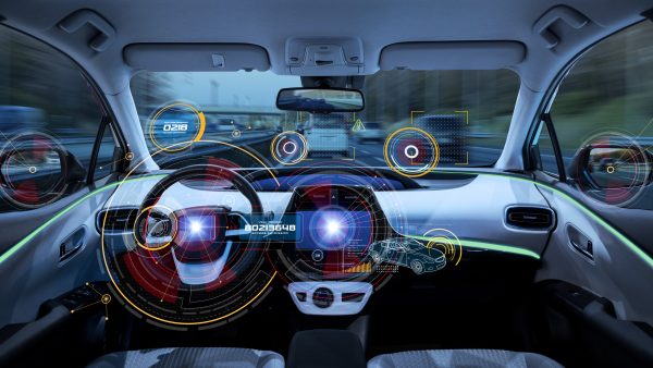 Futuristic car cockpit. Autonomous car. Driverless vehicle. HUD(Head up display). GUI(Graphical User Interface). IoT(Internet of Things).