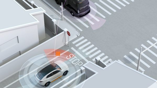 White SUV in one-way street detected vehicle in the blind spot. Connected car concept. 3D rendering image.