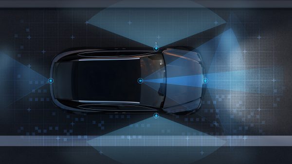 Top view of autonomous vehicle on the road with sensing graphic pattern retouched. night traffic. 3D rendering image.